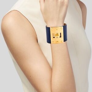 HERMES Kelly Extreme Dog Calfskin Blue R Stamp Gold Plated Wide Cuff Bracelet